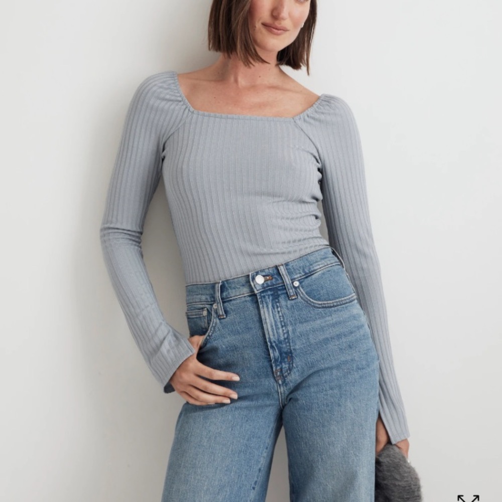 Madewell Light Gray Ribbed Square-Neck Long Sleeve Tee 303
